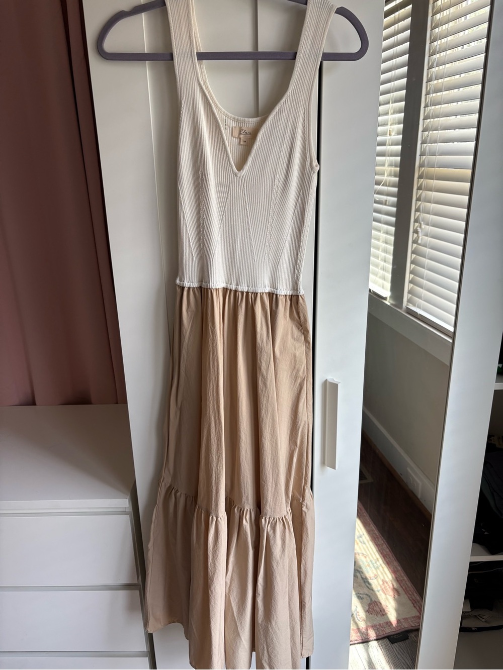 Elan Cream Ribbed Bodice Sleeveless Maxi Dress with Beige Skirt